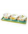 Pairing bold blossoms and festive stripes, the Floral Stripe 4-piece server from Clay Art serves dips, spreads or snacks with a double dose of color and style, all in dishwasher-safe earthenware. (Clearance)