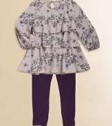 A sweet, tiered floral design on silky rayon is gracefully shaped and paired with leggings.Rounded neckline Keyhole button back close Long sleeves with elasticized cuffs Tiered front, plain back Solid leggings with elastic waist Rayon Machine wash Imported