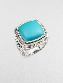 From the Albion Collection. A classic Yurman design, offering a smooth cushion of brilliant turquoise, framed in diamonds, on a split cable band of sterling silver.Diamonds, 0.48 tcw Turquoise Sterling silver About 1 square Imported