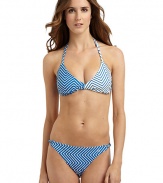 THE LOOKZigzag stripes patternAdjustable halter straps tie at neckTwisted detailing at center frontPadded cupsBack tie closureTHE MATERIAL80% nylon/20% spandexFully linedCARE & ORIGINHand washImportedPlease note: Bikini bottom sold separately. 