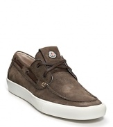 This sneaker-infused boat shoe floats the best of both worlds, sporting a soft pebbled suede upper, classic lace detail and moc with a cushioned, contrast rubber sole.