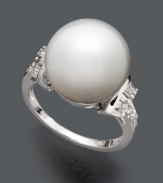 Create a look of complete polish and shine. Ring highlights a cultured South Sea pearl (13-14 mm) surrounded by glittering round-cut diamonds (1/4 ct. t.w.). Set in 14k white gold.