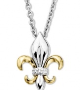 Symbolic and sparkling, this pretty Fleur De Lis pendant matches perfectly with any outfit, while diamond accents add shine. Crafted in sterling silver and 14k gold. Approximate length: 18 inches. Approximate drop: 1/2 inch.