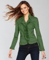 Ruffles adorn this charming petite jacket from INC. Sleek ponte knit ensures this piece is wearable the whole year round.