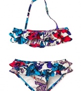 All ruffles and flower print, this cute bandeau bikini makes fun in the sun as stylish as ever.