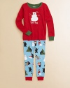 While the bears and moose have some holiday fun, the snowman catches some zzzzs in these delightful pjs with an appliquéd top and allover print bottoms.Ribbed contrast crew necklineLong sleeves with contrast ribbed cuffsElastic-waist bottoms with contrast ribbed cuffsCottonMachine washImported