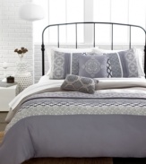 Calming comfort. In sweet and subtle hues, this Lily duvet cover set transforms your space into a personal retreat with a relaxed balance of printed and solid sections. Pleated accents and a pair of decorative pillows offer extra dimension to the look.