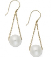 Contemporary chic. Delicate chains cradle a cultured freshwater pearl (10 mm) in this shapely style. Set in 14k gold. Approximate drop: 1-1/2 inches.