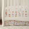 Bright blossoms in pink, peach and coral with green and grey leaves on a white background.The American Academy of Pediatrics and the U.S. Consumer Product Safety Commission have made recommendations for safe bedding practices for babies. When putting infants under 12 months to sleep, remove pillows, quilts, comforters, and other soft items from the crib.