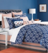 Endless rings. Brilliant orange and blue tones commingle with ultra-modern patterns in this Ringtrace duvet cover set from Martha Stewart Collection. Comes complete with bedskirt, shams and European shams to give your bed a bold, contemporary look.