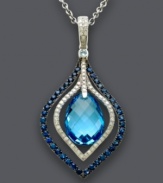 Perfect design complemented by a sparkling splash of blue. Effy Collection necklace features a blue topaz center stone (7-1/3 ct. t.w.) surrounded by sparkling sapphire and diamond accents. Approximate length: 17 inches. Approximate drop: 1-3/4 inches.