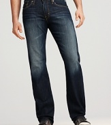 Straight leg jean with fading detail at thigh and seat.