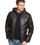 Toughen up your favorite casual combos with the sleek moto-infused look of this hooded faux leather jacket from Guess.