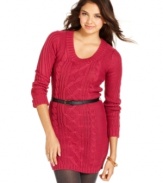 A sweater dress with timeless charm, this cable-knit design from Pink Rose sports a cute belt for curve-defining style.