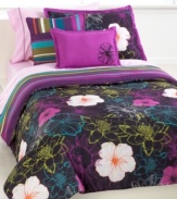 Floral frenzy. Bold, blooming flowers in vibrant hues adorn this Chloe comforter set for a burst of fun. Reverses to a stripe pattern in coordinating tones. Comes complete with sheet set and decorative pillows for a look full of flair. (Clearance)