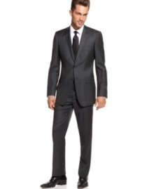 Want to give your tailored wardrobe a quantum leap onto the cutting edge? Make this slim-fitting charcoal suit from Calvin Klein offers the stylish update you're after.