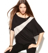 INC ups the ante on a fluid-draped petite top with colorblocking and sequins! A great day-to-night option.