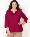 Crafted applique lends a chic feel to Charter Club's three-quarter sleeve plus size top-- snag all the colors at an Everyday Value price! (Clearance)