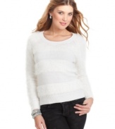 Its fuzzy knit will keep you warm and its chic lace will keep you cool! XOXO's striped sweater seamlessly marries style and function.