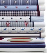 Pattern perfect. Bold prints and primary hues bring fresh, all-American flair to your bedroom with these extra soft Tommy Hilfiger sheet sets. Featuring pure ringspun combed cotton.