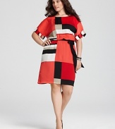 Let the modern art-inspired pattern on this DKNYC belted dress pop by keeping shoes and accessories clean and minimal.