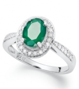 Make a sparkling impact with this pretty ring. Set in sterling silver, an oval-cut green agate (1-1/10 ct. t.w.) glows against a halo of round-cut diamonds (1/4 ct. t.w.). Size 7.