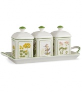 A natural for casual dining, the Althea Nova jam set by Villeroy & Boch features durable porcelain planted with delicate herbs for a look that's fresh from the garden. Featuring three jars in one handled tray.