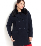 Snuggle into the chicest silhouette of the season in Tommy Hilfiger's boucle cocoon coat, complete with faux-fur trim.