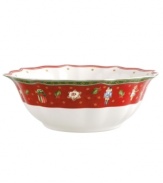 Play up the fun with this collection of Toy's Delight salad bowls from Villeroy & Boch. Fine porcelain in a playfully ruffled shape is trimmed with intricate patterns, classic toys and festive decorations to create magical holiday setting.