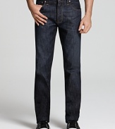 With a gradually tapered leg and a classic fit, this dark-rinse jean maintains a lean profile while remaining comfortable. Straight-slim leg opening.