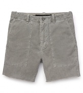 Thin-wale corduroy provides a unique and clever contrast in these unfinished shorts that are finely crafted for your casual cool look.