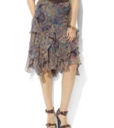 A bold paisley print lends earthy elegance to the breezy petite skirt from Lauren by Ralph Lauren, crafted in airy crinkled silk georgette with a romantic froth of ruffles for a flirty, feminine silhouette.