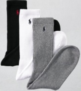 Cushioned for the avid walker or runner, this handsome casual sock features a ribbed top with embroidered logo at ankle.