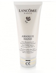 Absolute Anti-Age Spot Replenishing Unifying Treatment--15 Sunscreen. A luxurious and comprehensive hand treatment that addresses the special needs of mature hands. Diminishes and discourages the appearance of age spots, while replenishing and protecting the skin. Result: Immediately, skin on hands is hydrated, soft and luminous. With continued use, skin becomes more uniform, looks firmer and youthful. Massage into hands and cuticles as needed. 3.5 oz. 