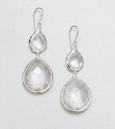 Sparkling, faceted clear quartz stones set in hammered sterling silver in a snowman drop design. Clear quartzSterling silverDrop, about 2.1Hook backImported 