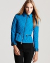 Princess seaming and a lightly gathered waist lend feminine charm to this covetable Burberry jacket--a bright kingfisher blue hue feels refreshingly modern.