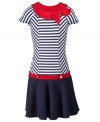 Anchors away! She'll sail the ship and roam the land in style with this unique, nautical-inspired dress from Bonnie Jean.