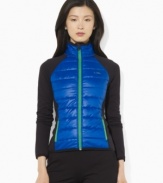 A layering essential for active endeavors, Lauren by Ralph Lauren's stretch jersey jacket is crafted with bright quilted panels at the front for sporting style.