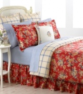 Bright and beautiful, Lauren by Ralph Lauren's Madeline duvet cover set brings a classic look to the bedroom in cheerful cherry red. A smart dishtowel plaid on the duvet cover reverse complements the cotton sateen flower print for a refreshing, uplifting appeal. Featuring finished with chambray cording; gathered bedskirt with split corners.