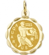 Tell everyone your sign in style! This scalloped and polished disc charm features the Aquarius Zodiac in 14k gold. Chain not included. Approximate length: 9/10 inch. Approximate width: 3/5 inch.