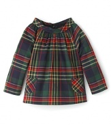 Picture-perfect in a classic tartan, this charming Pearls & Popcorn blouse is a must-have for her first holiday.