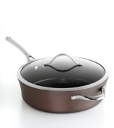 Just right. The perfect kitchen companion, this elegant bronze piece features multiple layers of nonstick technology, a hard-anodized construction and stay-cool handles for an unrivaled combination of professional performance and everyday ease. Deep enough to braise meat, saute seafood, simmer pasta and more. Lifetime warranty.