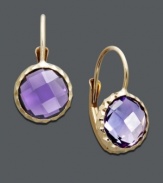 Add instant energy to your ensemble with vibrant color. Earrings feature bezel-set amethyst (3-1/2 ct. t.w.) set in 14k gold. Approximate drop: 1/2 inch.