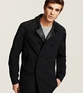 Cool city style from John Varvatos, the double breasted trench has tonal leather trim and light lining for an easy everyday layer.