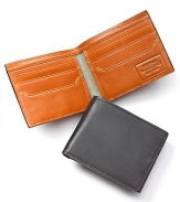 Leather wallet with embossed logo inside. Six card slots, two miscellaneous slots. One bill fold slot. Herringbone lined.