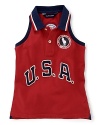 A red, white and blue design finished with U.S.A. patching and embroidered emblems gives a preppy all-American look to the classic sleeveless polo, celebrating Team USA's participation in the 2012 Olympics.