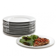 Set of 12 clean, white dinner plates - perfect for catering, large groups or everyday, easy use! Comes in a great cardboard box with handles for storage or transporting. Dishwasher and microwave safe.