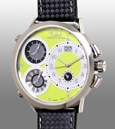 With a sophisticated lime green and polished stainless steel dial, featuring four time zones and a date display, this watch keeps you cool--and in the know.