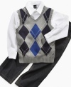 He'll look college-ready in this preppy argyle sweater vest, dress shirt and pants set by Nautica.