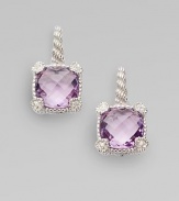 From the Linen Collection. A small cushion-cut amethyst shimmers in a sterling silver setting, accented by white sapphires.AmethystWhite sapphireSterling silverLength, about ¾Ear wireImported